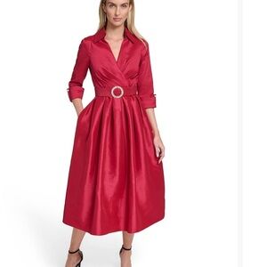 Jessica Howard Collared V Neck Red Satin Evening 3/4 Sleeve Dress Sz 16 Pockets